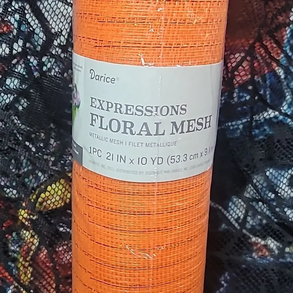 Floral Deco Mesh Roll - Orange with Orange Metallic Accents
